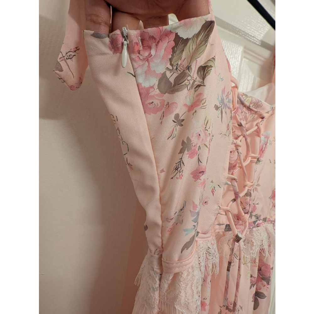 Women's Pink Floral Maxi Dress shoulder tie lace trim new preppy dainty flowy XS - Picture 6 of 9